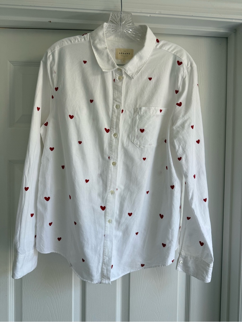 Sezane White Button-Down Shirt with Red Heart Motif